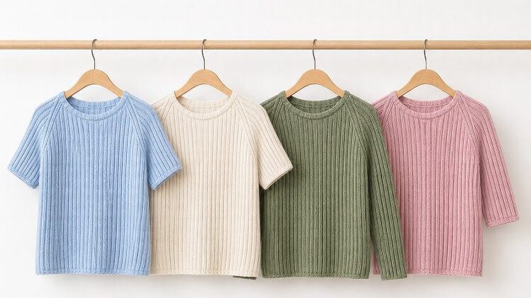 Vier Riika Shirts hängen an einer schlichten hellen Kleiderstange vor einer weißen Wand. Die nahtlos gestrickten Modelle mit feinem Rippenmuster und Raglanlinien zeigen unterschiedliche Ärmellängen und harmonische Farben: Hellblau mit kurzen Ärmeln, Cremeweiß mit kurzen Ärmeln, Salbeigrün mit langen Ärmeln und Altrosa mit Dreiviertelärmeln. Die minimalistische Produktaufnahme mit viel Weißraum betont die hochwertige Strickstruktur und die zeitlose Gestaltung der Modelle.
