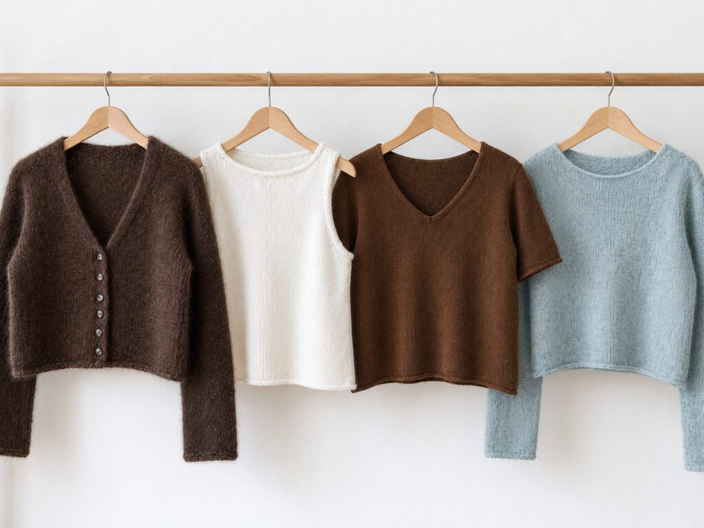 Vier Modelle der Uukii Kollektion an einer Kleiderstange: brauner Uukii Cardigan, weißes Uukii Top, braunes Uukii Shirt und hellblauer Uukii Sweater.