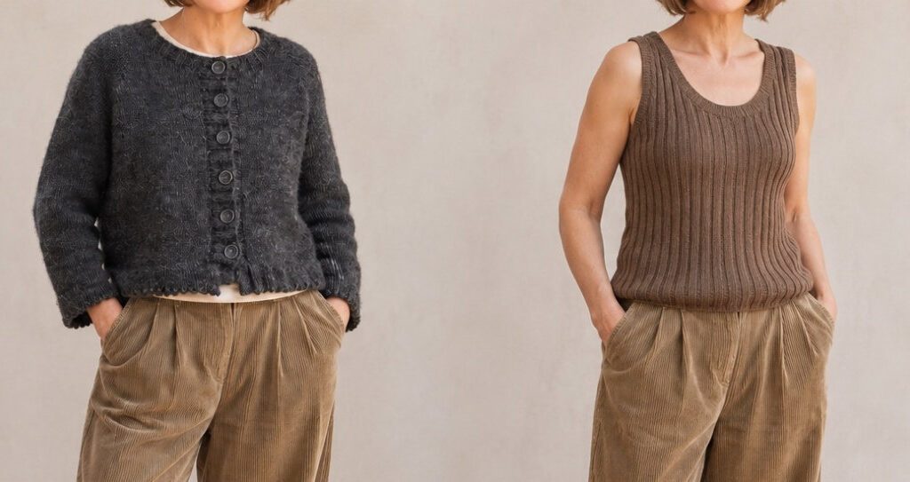 ooko Cardigan mit Positive Ease und körpernahes Niine Top mit Negative Ease im Vergleich.