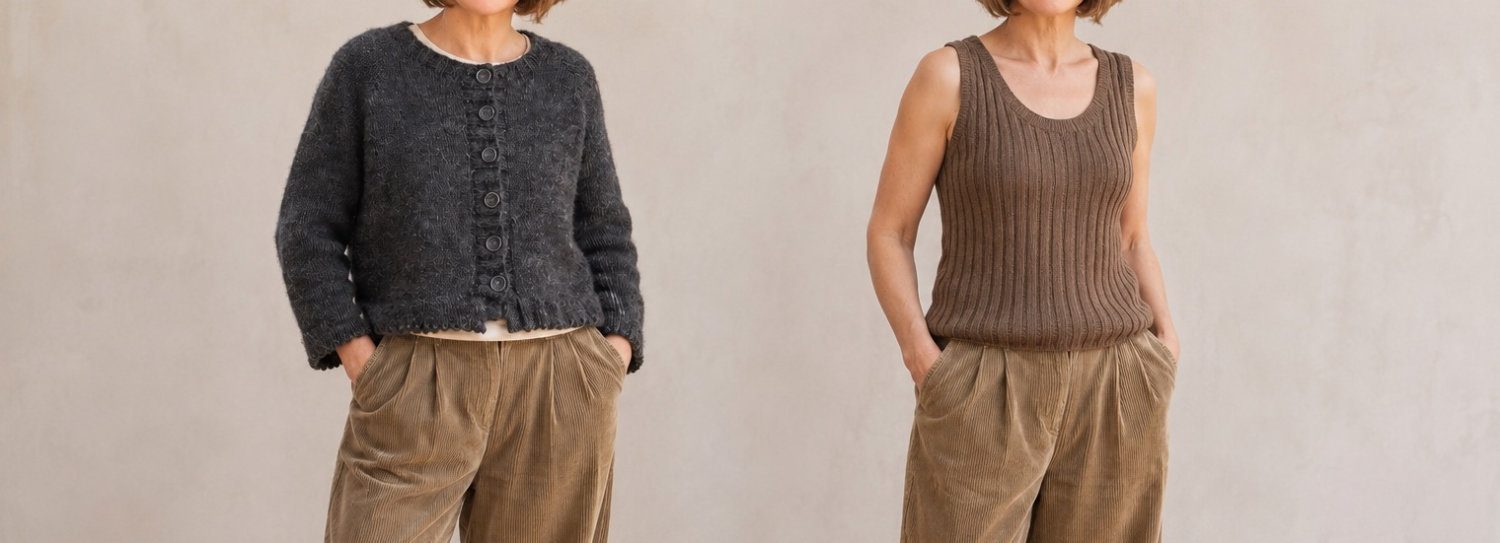 ooko Cardigan mit Positive Ease und körpernahes Niine Top mit Negative Ease im Vergleich.
