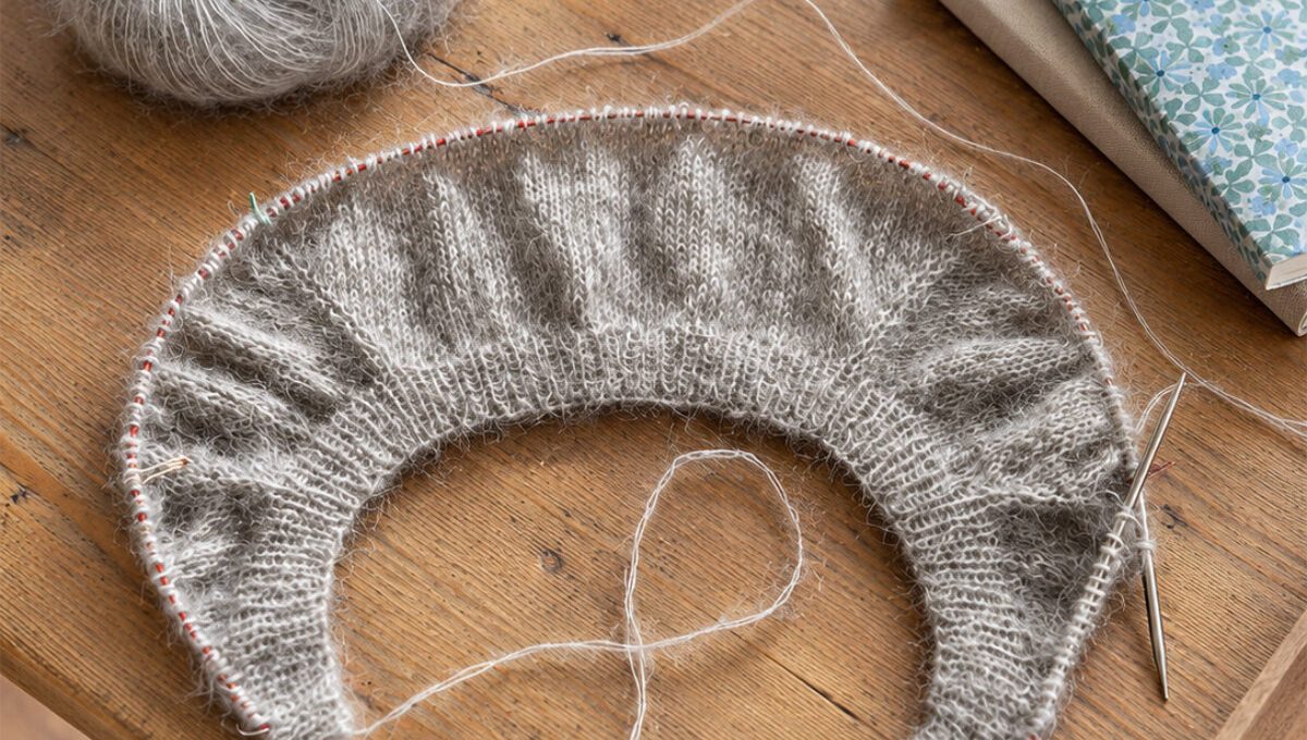 Graues Strickstück mit verkürzten Reihen und sichtbarer Formgebung auf der Rundstricknadel